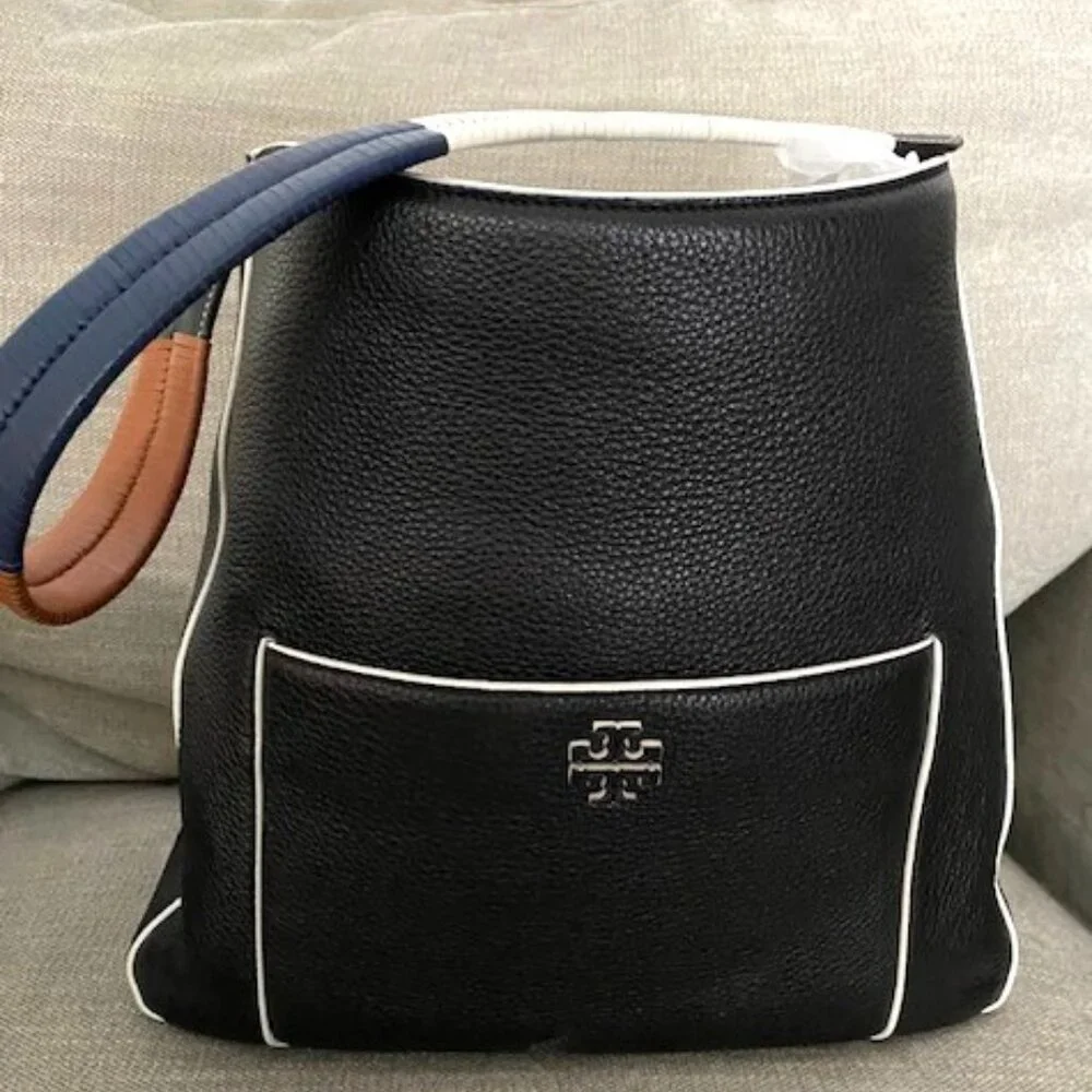Tory Burch Black Leather Bucket Shoulder Bag White Piping Tricolor Strap
